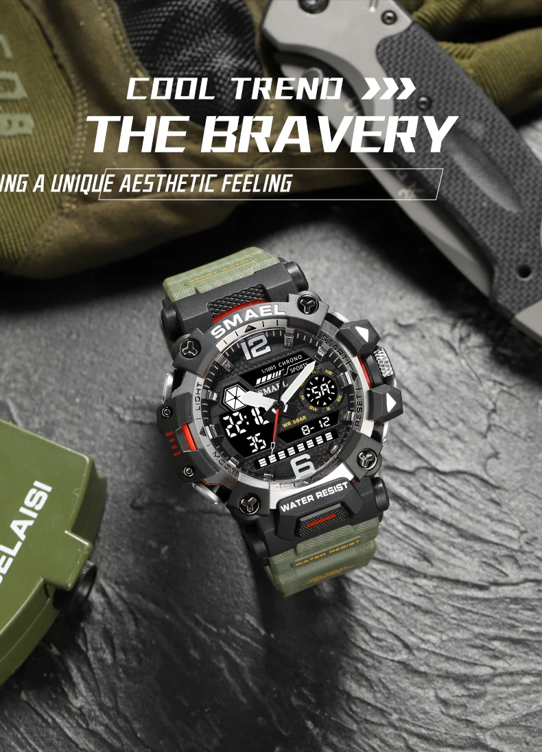 SMAEL Men Watches 50m Waterproof Sports Watch Military Man Sports Watch Digital 8072 Dual Display Watch Quartz Led Digital