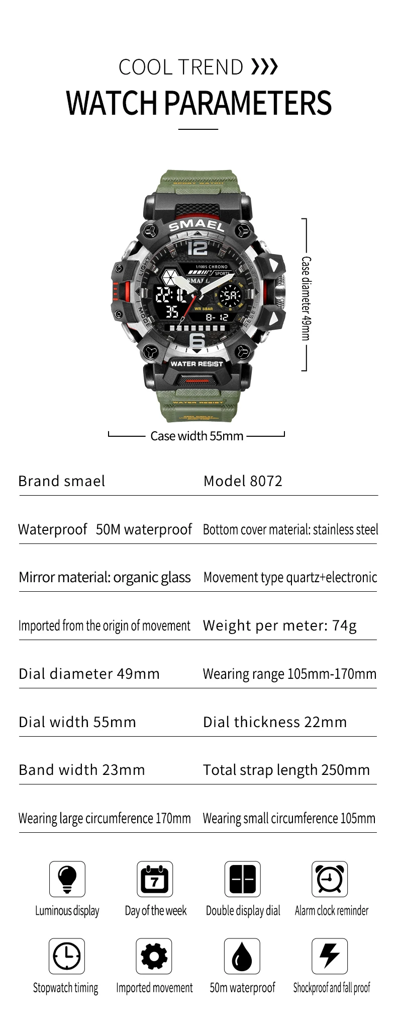 SMAEL Men Watches 50m Waterproof Sports Watch Military Man Sports Watch Digital 8072 Dual Display Watch Quartz Led Digital
