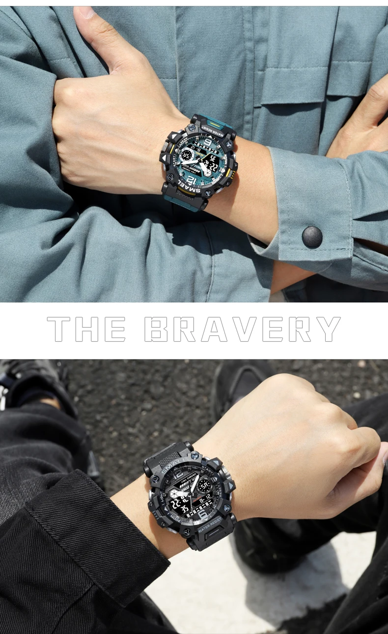 SMAEL Men Watches 50m Waterproof Sports Watch Military Man Sports Watch Digital 8072 Dual Display Watch Quartz Led Digital