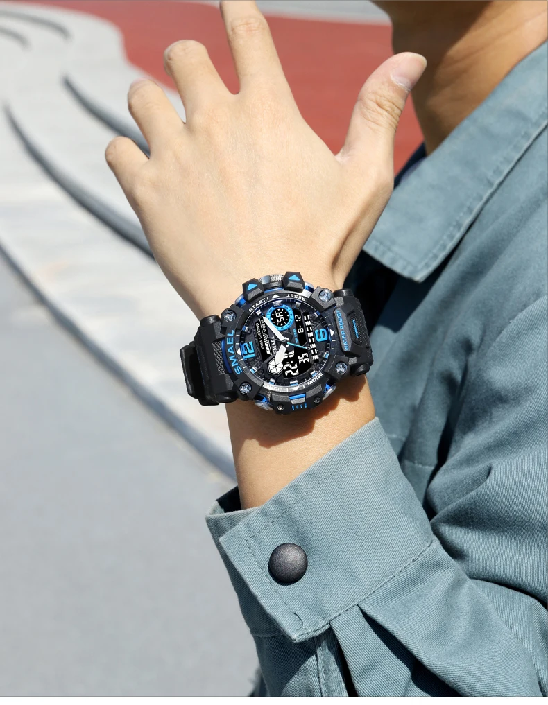 SMAEL Men Watches 50m Waterproof Sports Watch Military Man Sports Watch Digital 8072 Dual Display Watch Quartz Led Digital
