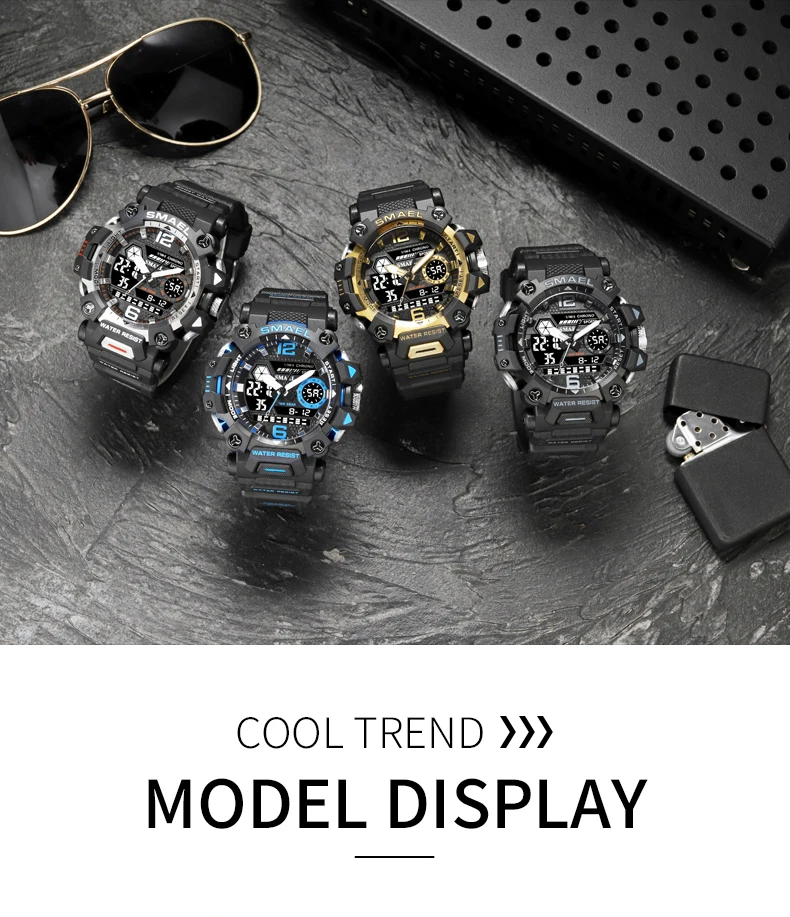 SMAEL Men Watches 50m Waterproof Sports Watch Military Man Sports Watch Digital 8072 Dual Display Watch Quartz Led Digital