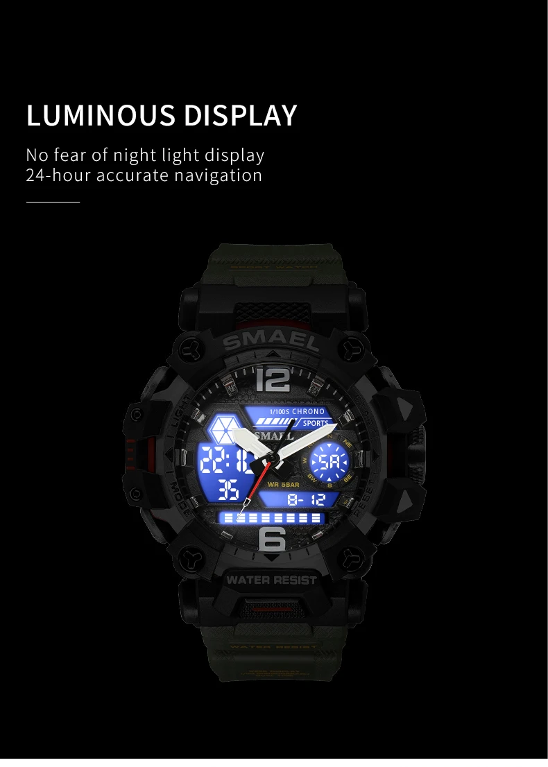 SMAEL Men Watches 50m Waterproof Sports Watch Military Man Sports Watch Digital 8072 Dual Display Watch Quartz Led Digital