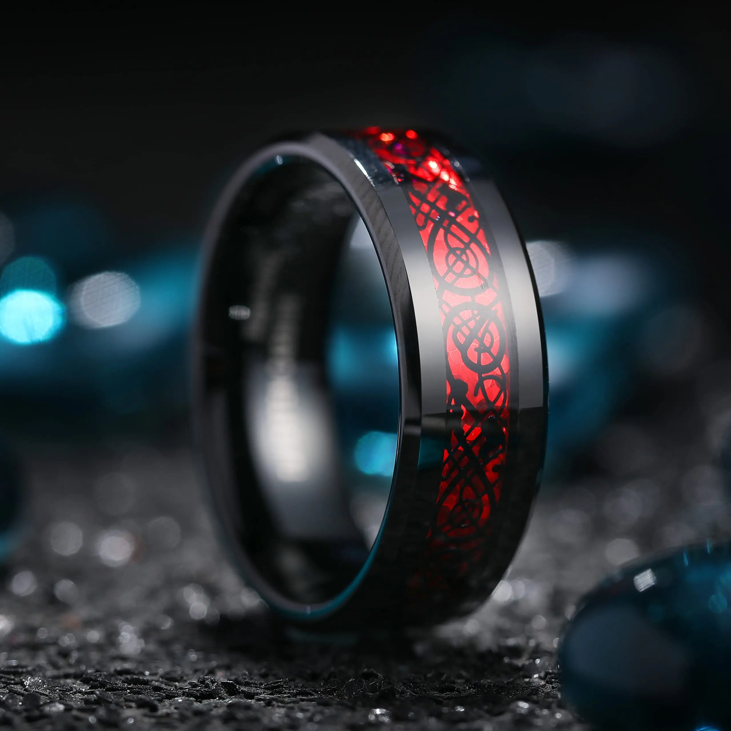 Fashion 8mm Red Groove Beveled Edge Black Tungsten Wedding Rings For Men Cool Black Celtic Dragon Inlay Red Carbon Fiber Ring