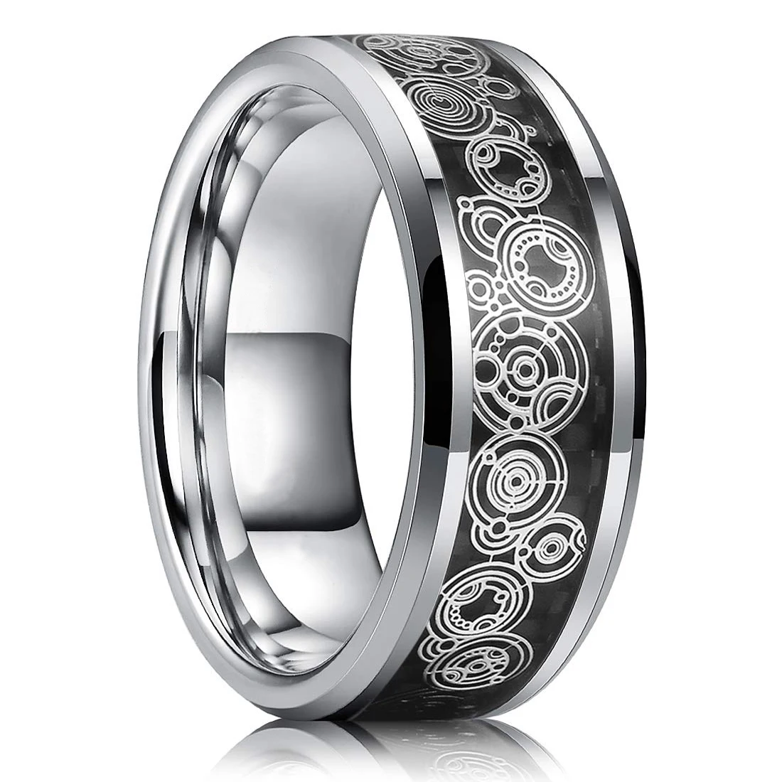Fashion 8mm Red Groove Beveled Edge Black Tungsten Wedding Rings For Men Cool Black Celtic Dragon Inlay Red Carbon Fiber Ring