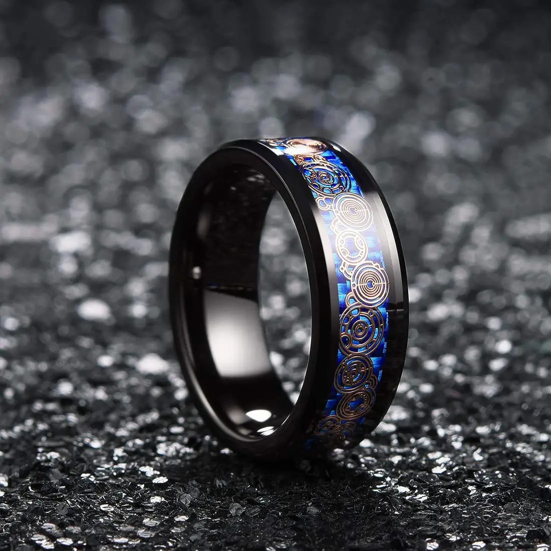 Fashion 8mm Red Groove Beveled Edge Black Tungsten Wedding Rings For Men Cool Black Celtic Dragon Inlay Red Carbon Fiber Ring