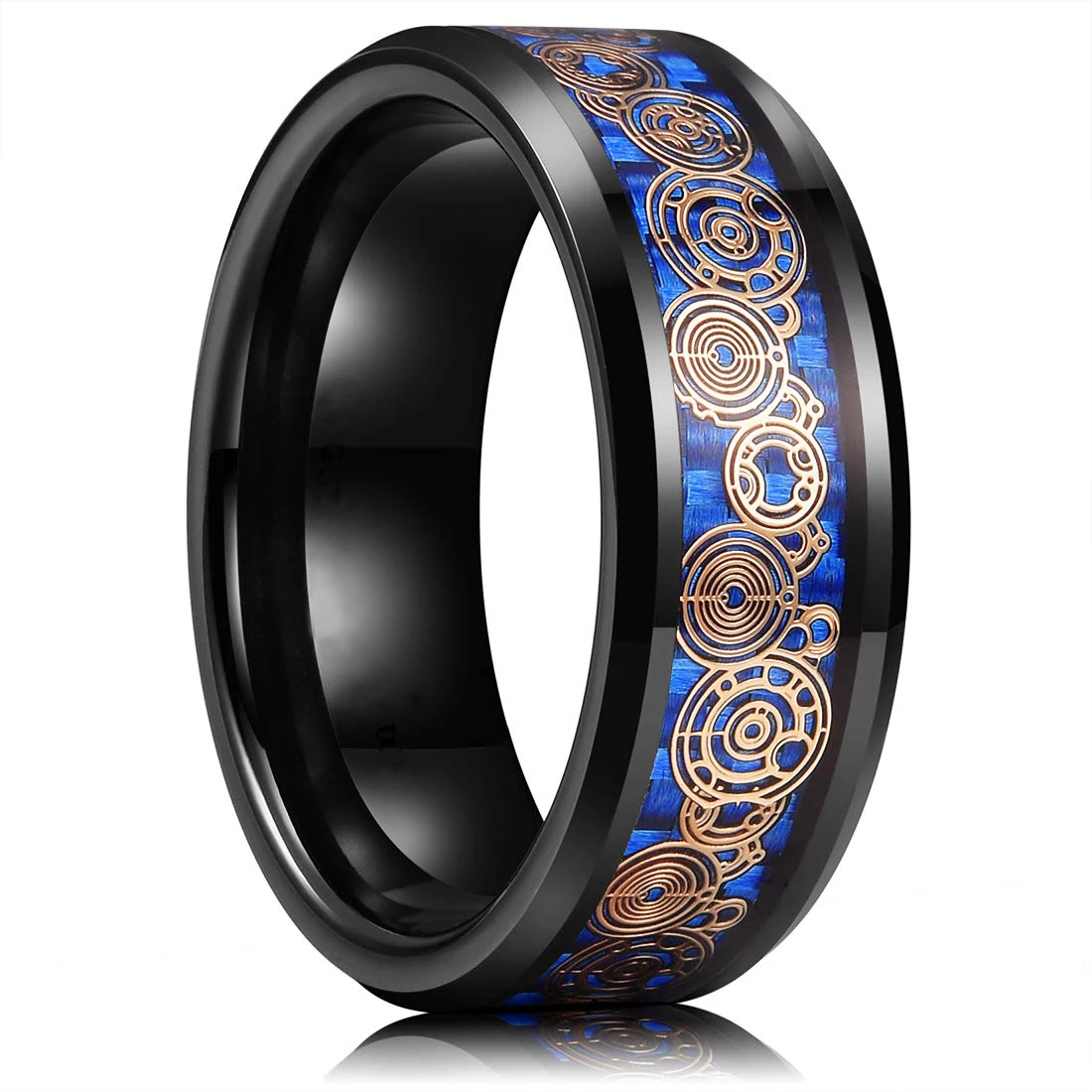 Fashion 8mm Red Groove Beveled Edge Black Tungsten Wedding Rings For Men Cool Black Celtic Dragon Inlay Red Carbon Fiber Ring
