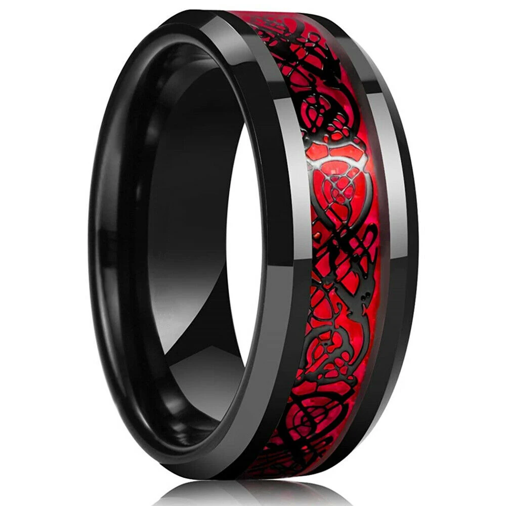 Fashion 8mm Red Groove Beveled Edge Black Tungsten Wedding Rings For Men Cool Black Celtic Dragon Inlay Red Carbon Fiber Ring