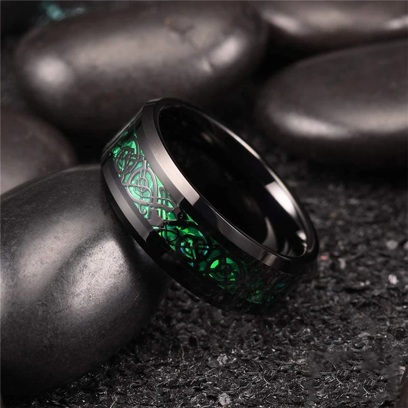 Fashion 8mm Red Groove Beveled Edge Black Tungsten Wedding Rings For Men Cool Black Celtic Dragon Inlay Red Carbon Fiber Ring