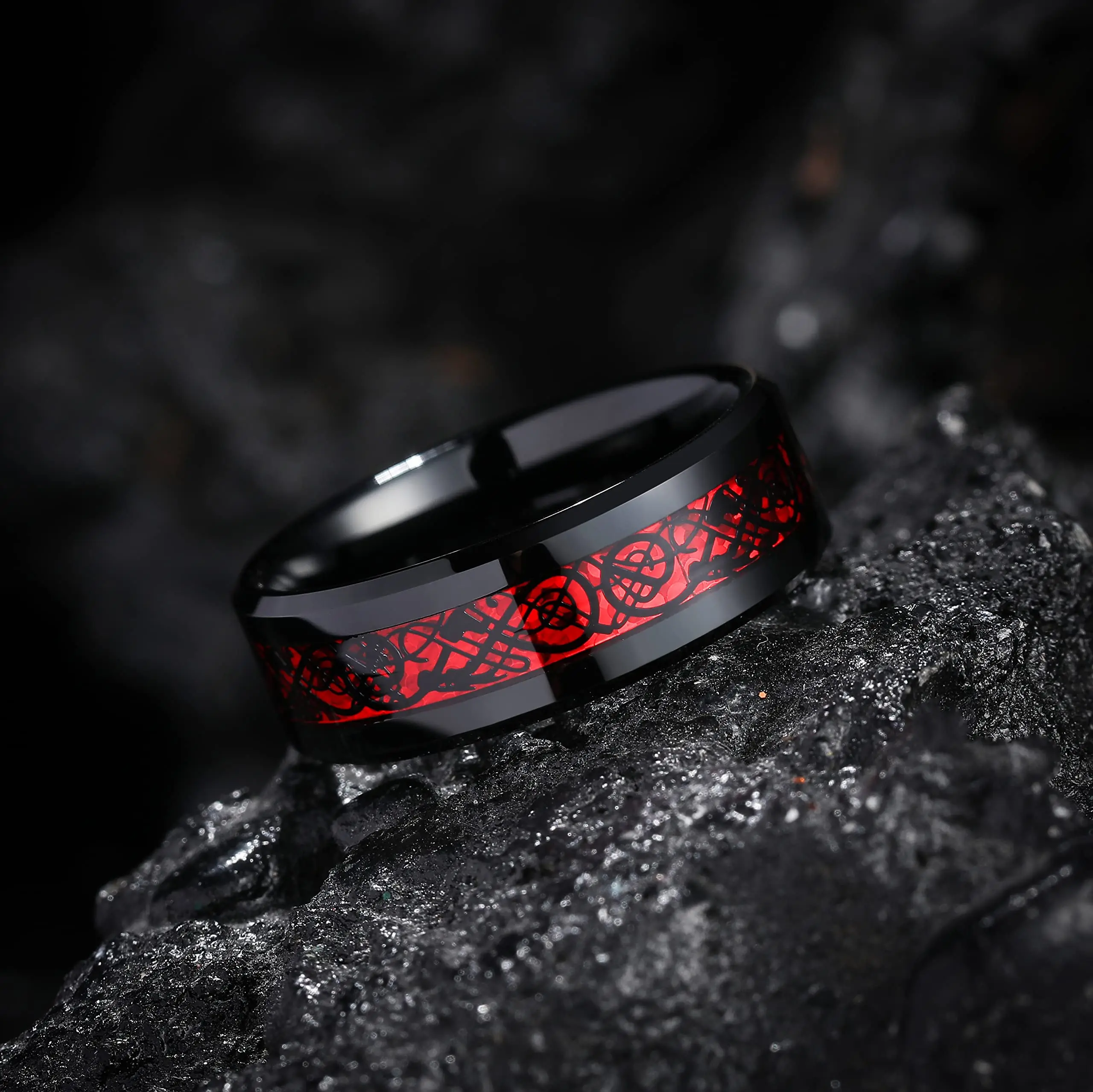 Fashion 8mm Red Groove Beveled Edge Black Tungsten Wedding Rings For Men Cool Black Celtic Dragon Inlay Red Carbon Fiber Ring