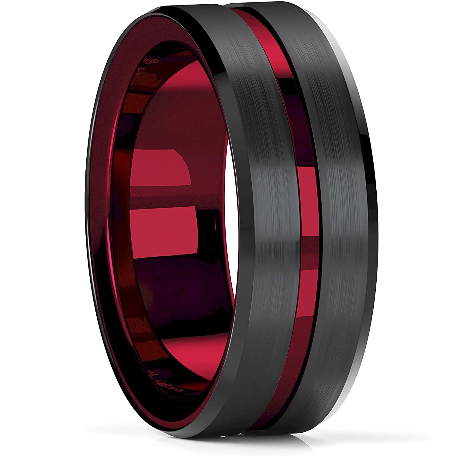 Fashion 8mm Red Groove Beveled Edge Black Tungsten Wedding Rings For Men Cool Black Celtic Dragon Inlay Red Carbon Fiber Ring
