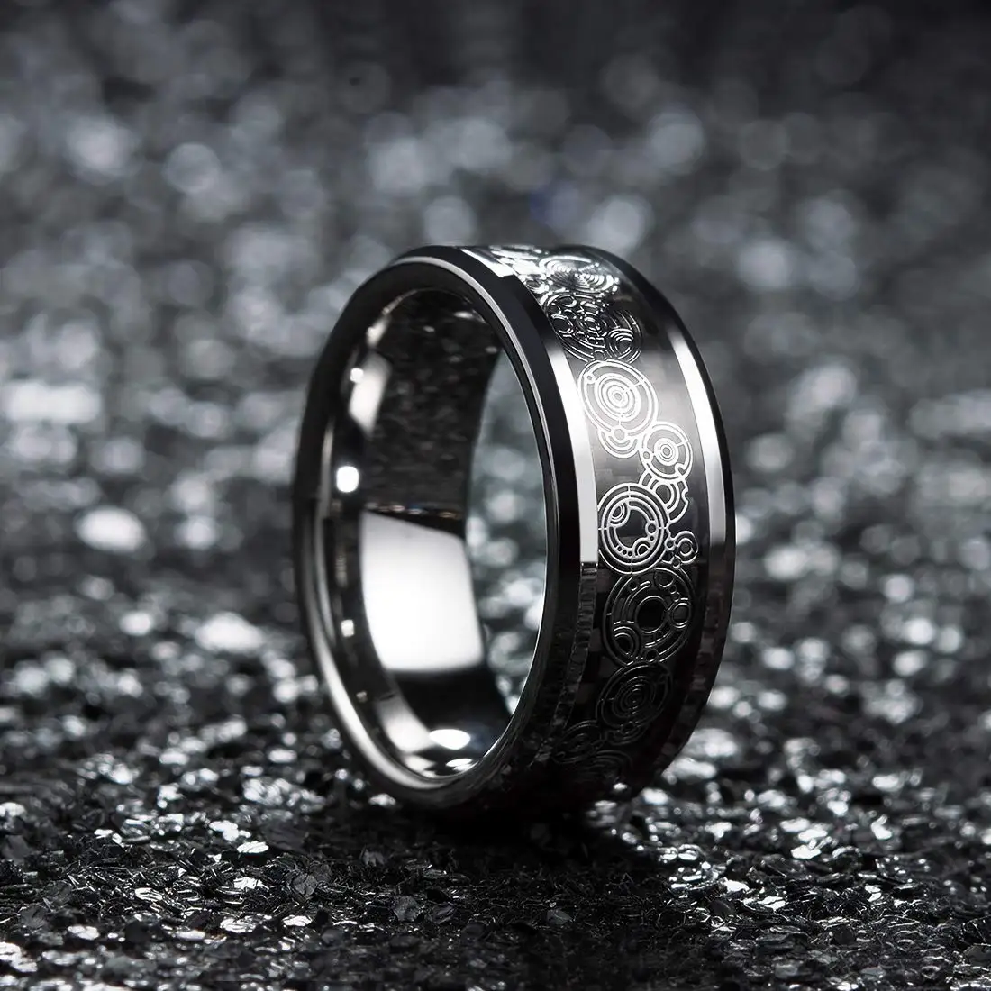 Fashion 8mm Red Groove Beveled Edge Black Tungsten Wedding Rings For Men Cool Black Celtic Dragon Inlay Red Carbon Fiber Ring