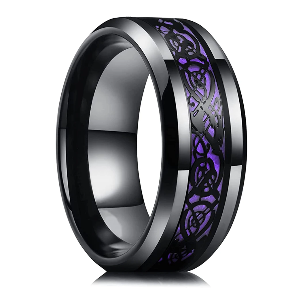 Fashion 8mm Red Groove Beveled Edge Black Tungsten Wedding Rings For Men Cool Black Celtic Dragon Inlay Red Carbon Fiber Ring