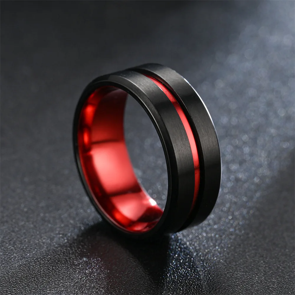 Fashion 8mm Red Groove Beveled Edge Black Tungsten Wedding Rings For Men Cool Black Celtic Dragon Inlay Red Carbon Fiber Ring