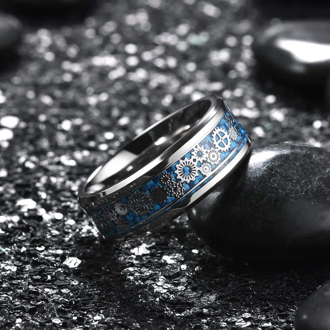 Fashion 8mm Red Groove Beveled Edge Black Tungsten Wedding Rings For Men Cool Black Celtic Dragon Inlay Red Carbon Fiber Ring