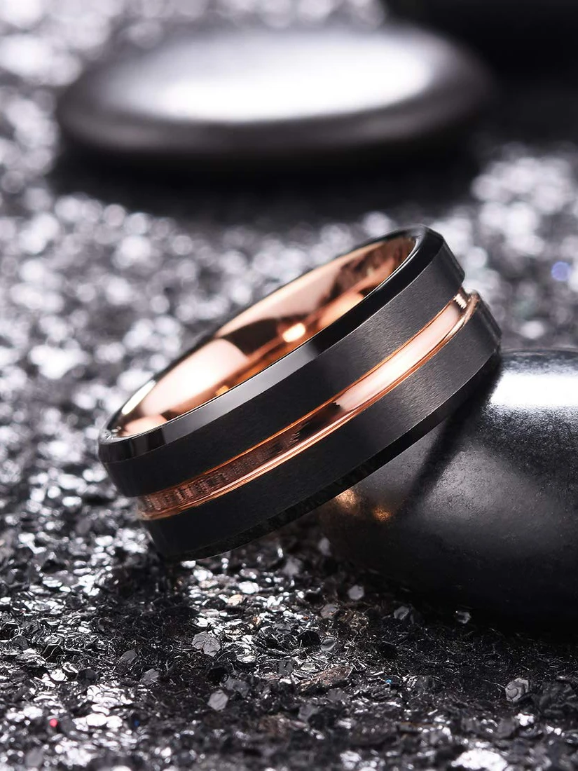 Fashion 8mm Red Groove Beveled Edge Black Tungsten Wedding Rings For Men Cool Black Celtic Dragon Inlay Red Carbon Fiber Ring