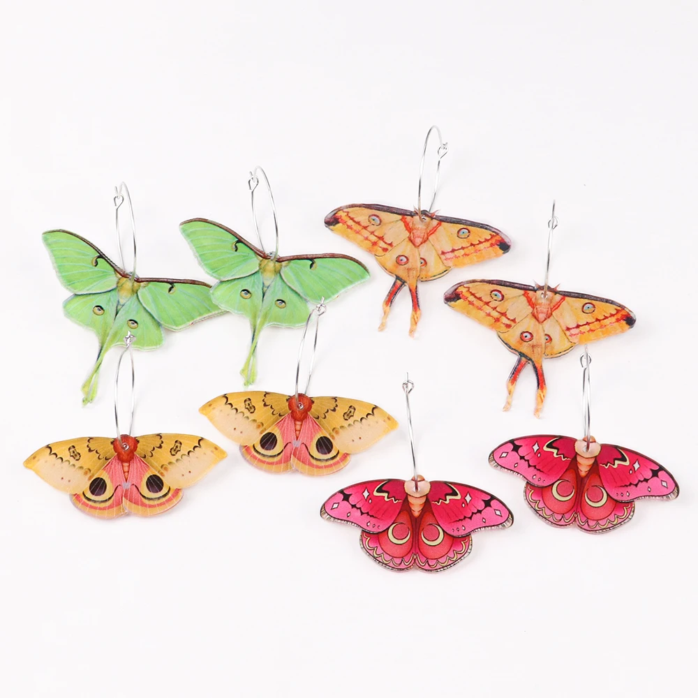 New Colorful Moth Butterfly Printing Acrylic Earrings for Women Cute Insect Insert Hoops Dangle Earrings Fashion Hanging Jewelry