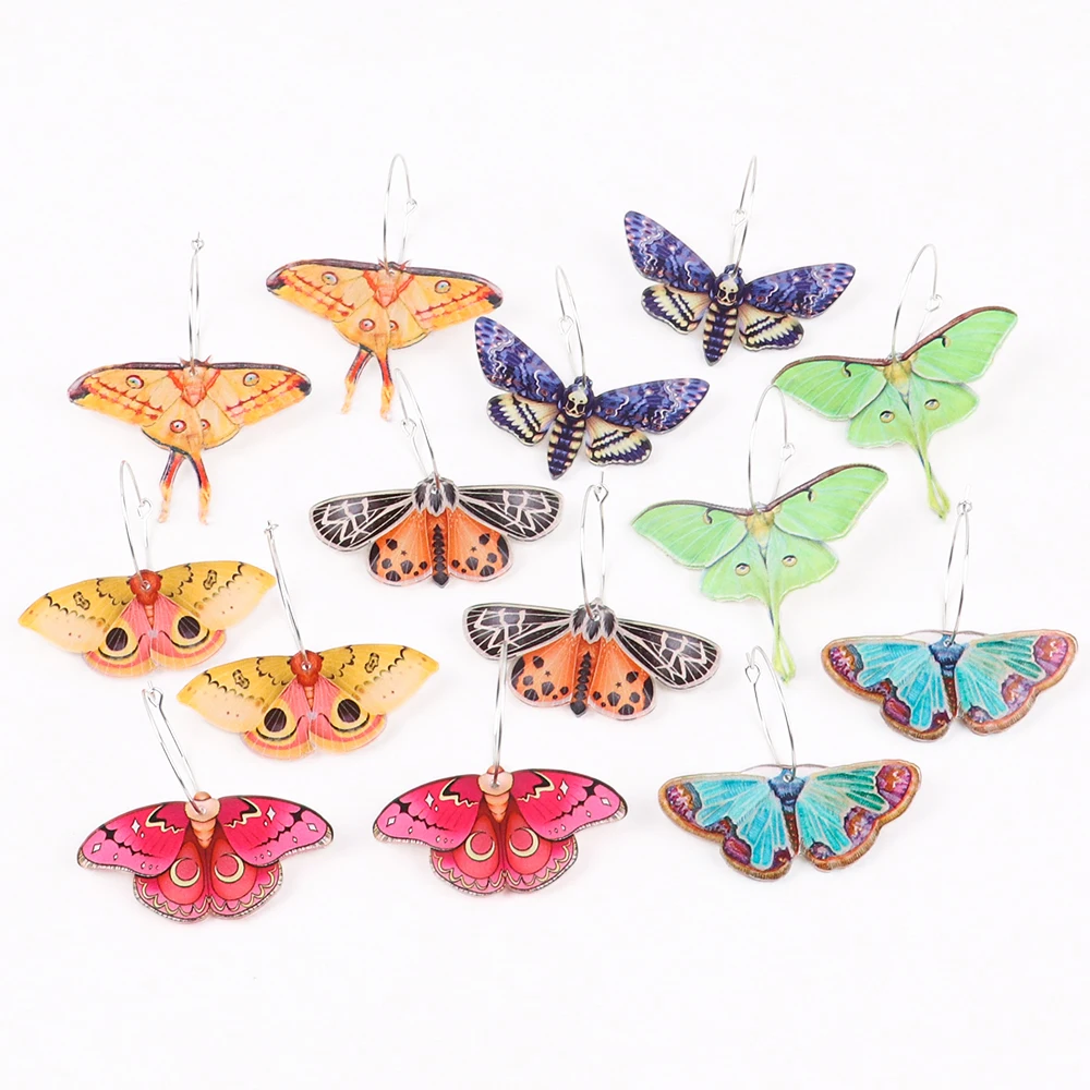 New Colorful Moth Butterfly Printing Acrylic Earrings for Women Cute Insect Insert Hoops Dangle Earrings Fashion Hanging Jewelry