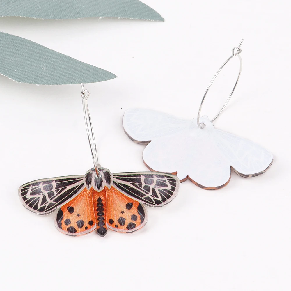 New Colorful Moth Butterfly Printing Acrylic Earrings for Women Cute Insect Insert Hoops Dangle Earrings Fashion Hanging Jewelry