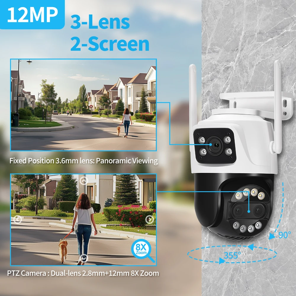 8MP Dual Lens 2.8mm -12mm 8X Zoom 4K PTZ WiFi IP Camera Outdoor AI Human Tracking CCTV Audio Home Security Surveillance Camera