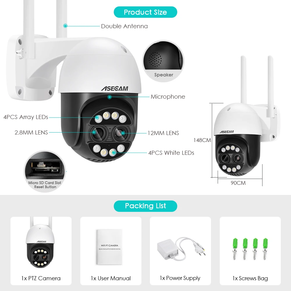 8MP Dual Lens 2.8mm -12mm 8X Zoom 4K PTZ WiFi IP Camera Outdoor AI Human Tracking CCTV Audio Home Security Surveillance Camera