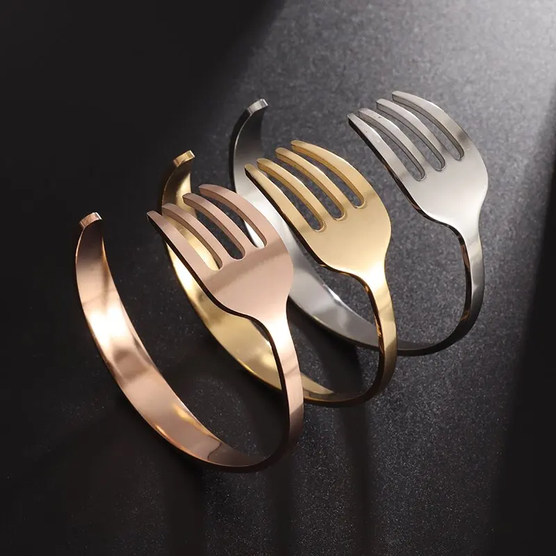 Fashion Design Stainless Steel Curved Tableware Fork Open Bracelet Men and Women Personality Charm Hip Hop Casual Jewelry Gift
