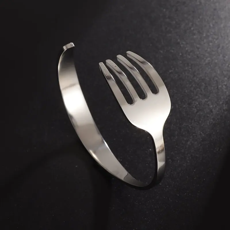 Fashion Design Stainless Steel Curved Tableware Fork Open Bracelet Men and Women Personality Charm Hip Hop Casual Jewelry Gift