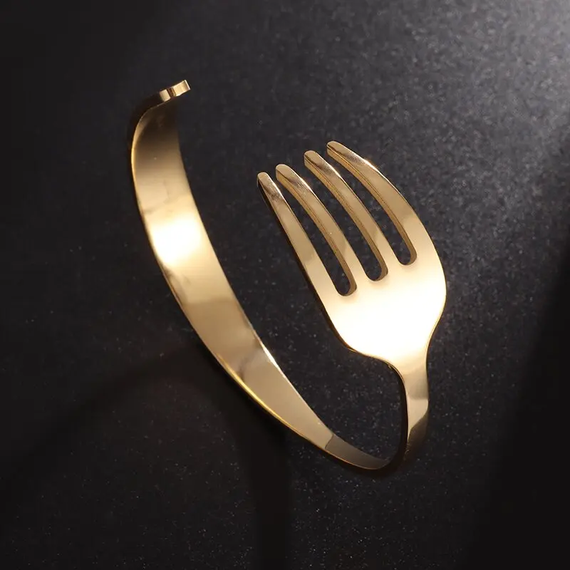 Fashion Design Stainless Steel Curved Tableware Fork Open Bracelet Men and Women Personality Charm Hip Hop Casual Jewelry Gift