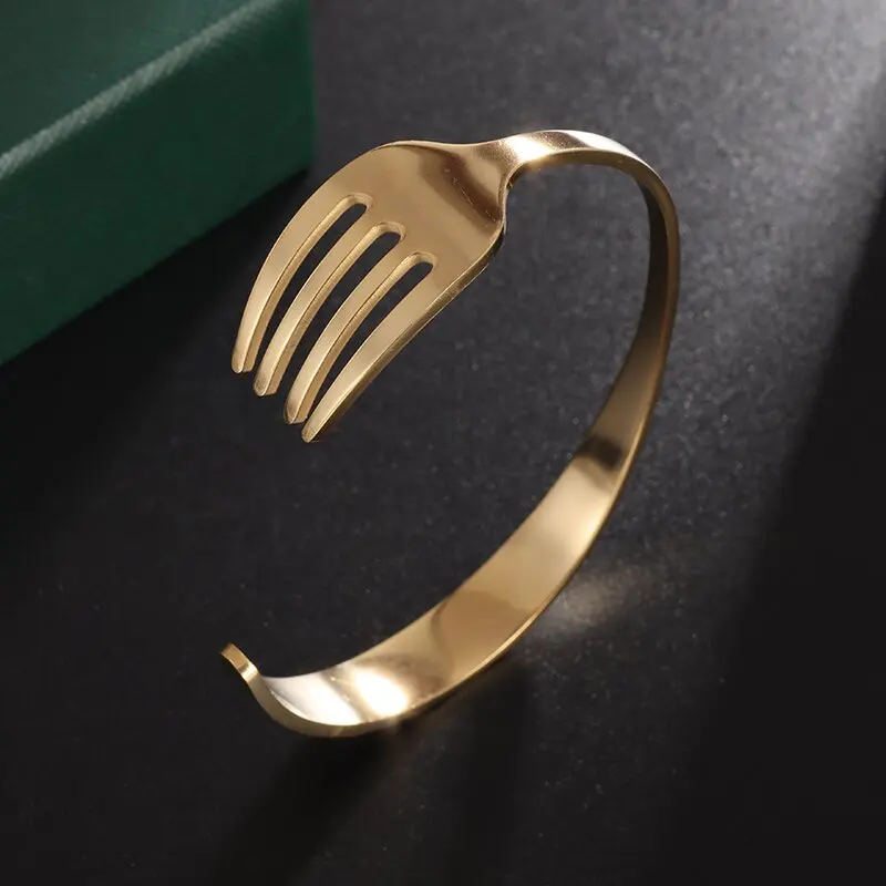Fashion Design Stainless Steel Curved Tableware Fork Open Bracelet Men and Women Personality Charm Hip Hop Casual Jewelry Gift