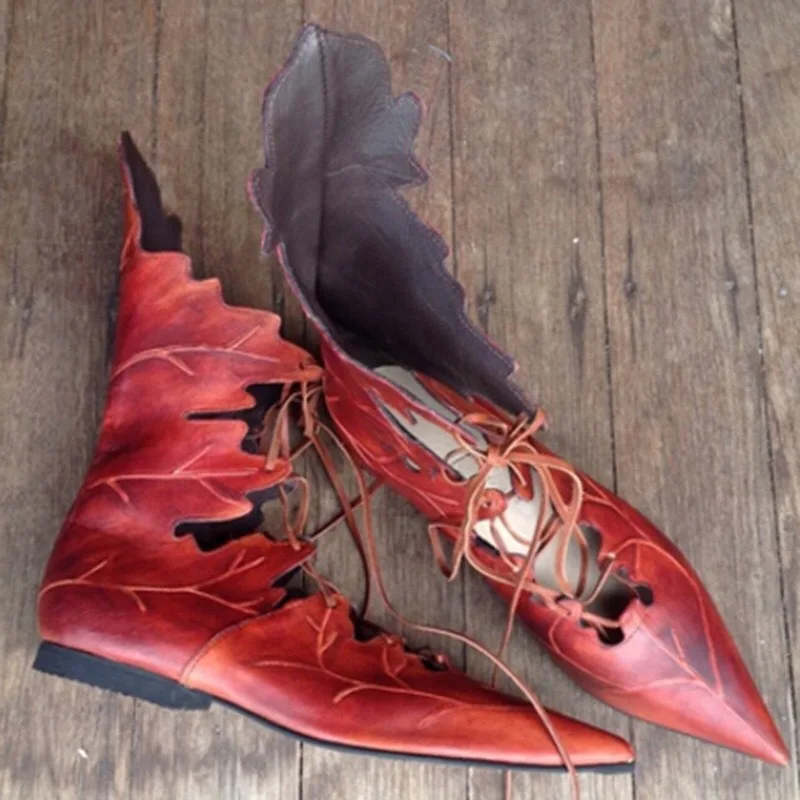 Medieval Retro Women Gothic Elf Witch Leaves Lace Up Shoes Cosplay Costume Vintage Princess Palace Carnival Party Knight Boots