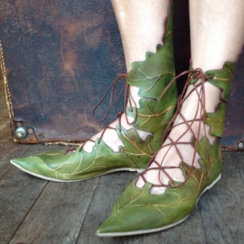 Medieval Retro Women Gothic Elf Witch Leaves Lace Up Shoes Cosplay Costume Vintage Princess Palace Carnival Party Knight Boots