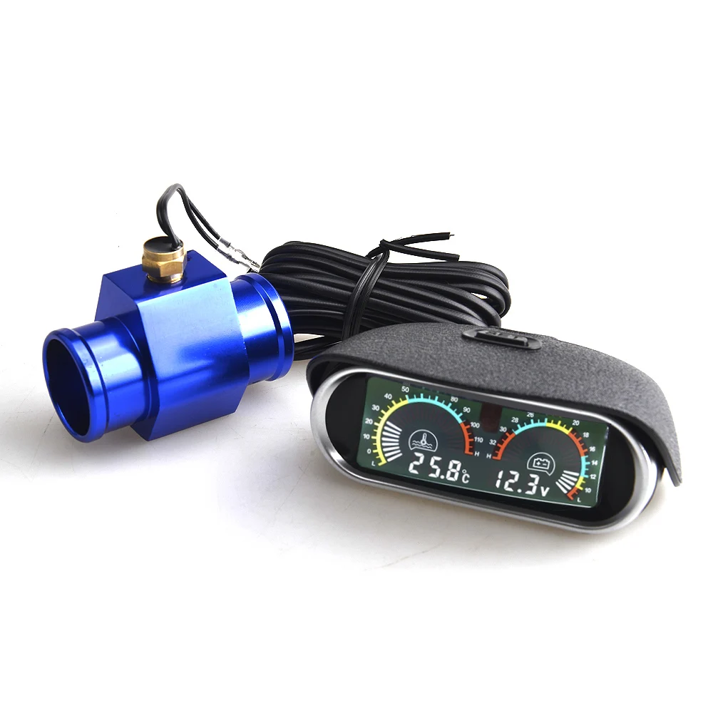 Auto LCD Water Temperature & Voltmeter Gauge 2 in 1 With Joint Pipe Adapter 1/8NPT OD 26MM-40MM