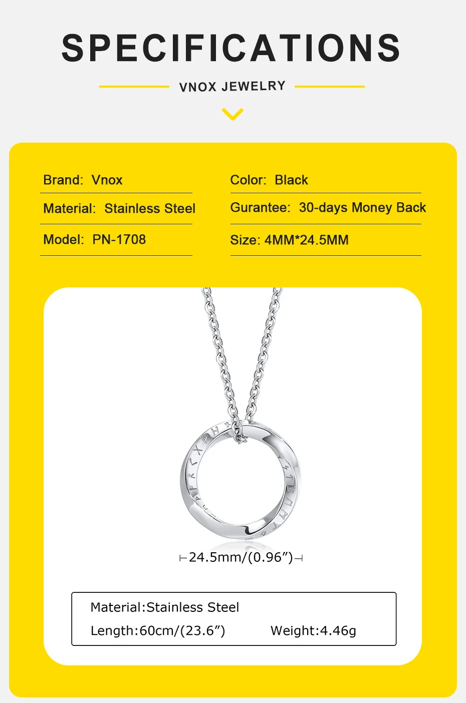Vnox New Trendy Norse Viking Necklaces for Men, Stainless Steel Mobius Round Pendant Collar Male Gift Jewelry