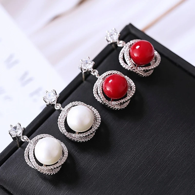 Korean Style Contracted Heart Pearl Earrings For Women Sweet Flower Zircon Geometric Pendant Earring Girl Party Jewelry Gift