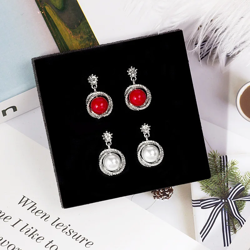 Korean Style Contracted Heart Pearl Earrings For Women Sweet Flower Zircon Geometric Pendant Earring Girl Party Jewelry Gift