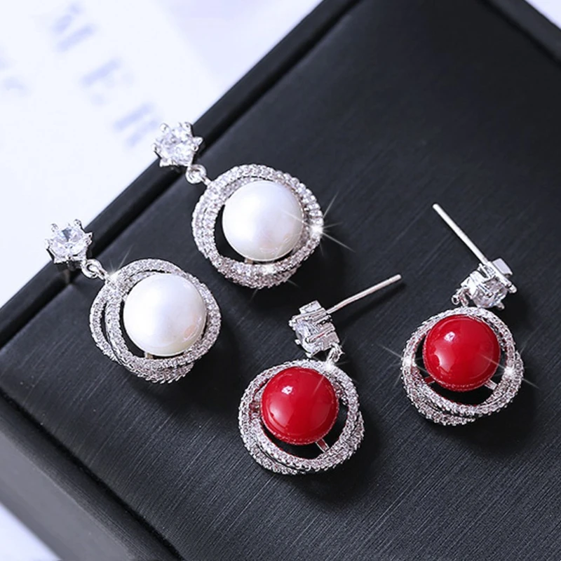 Korean Style Contracted Heart Pearl Earrings For Women Sweet Flower Zircon Geometric Pendant Earring Girl Party Jewelry Gift