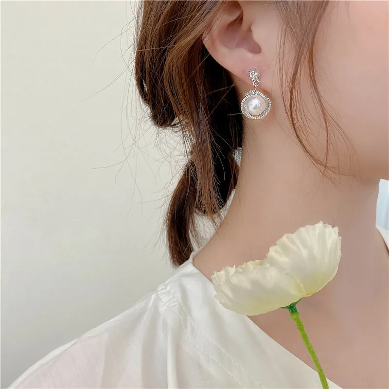 Korean Style Contracted Heart Pearl Earrings For Women Sweet Flower Zircon Geometric Pendant Earring Girl Party Jewelry Gift
