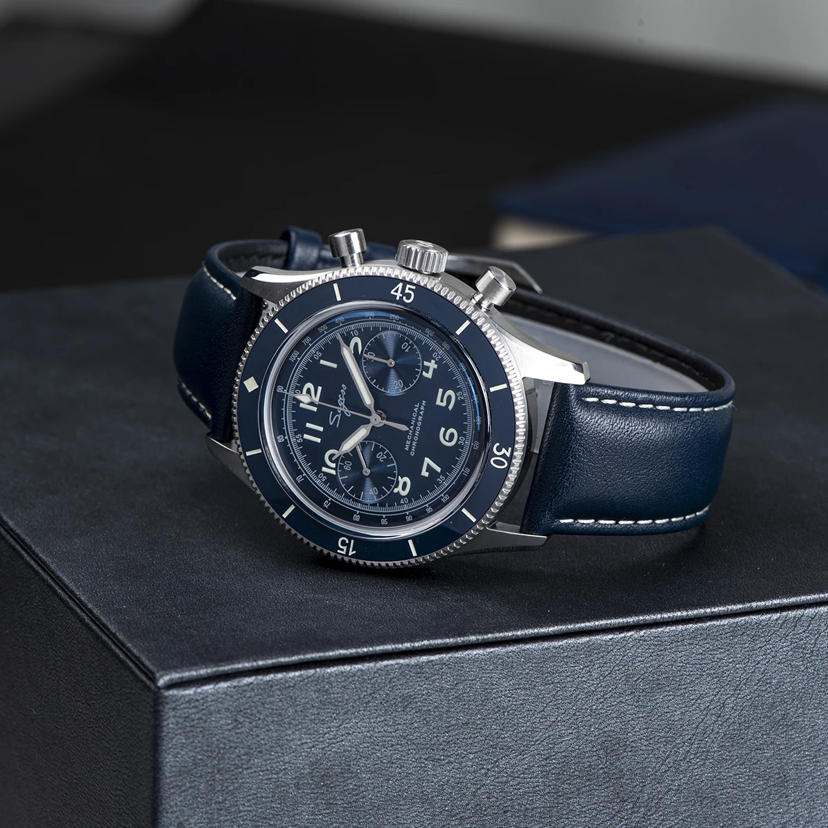 Sugess Pilot Watch Handwind Chronograph Mechanical Wristwatches Luminous Skeleton Men Watches Crystal Sapphire Leather New 2022