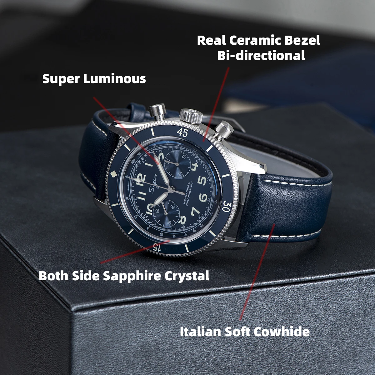 Sugess Pilot Watch Handwind Chronograph Mechanical Wristwatches Luminous Skeleton Men Watches Crystal Sapphire Leather New 2022