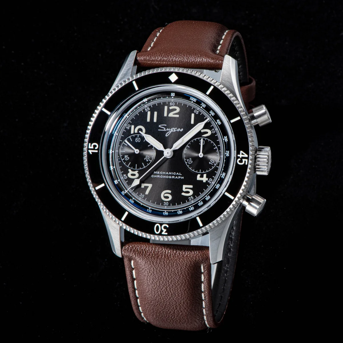 Sugess Pilot Watch Handwind Chronograph Mechanical Wristwatches Luminous Skeleton Men Watches Crystal Sapphire Leather New 2022