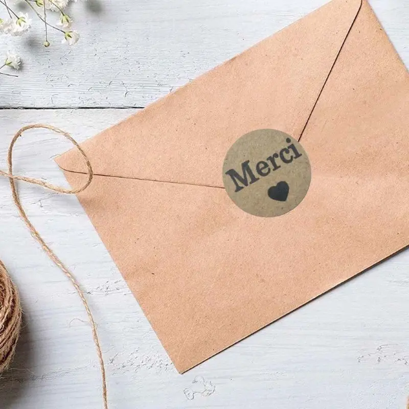 100-500pcs Kraft Merci Stickers French Thank You Stickers Gift Package Envelope Seal Label Stationery Stickers