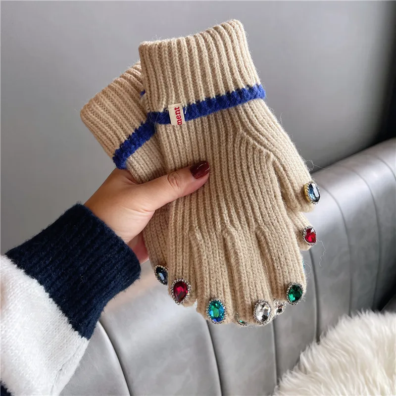 Women Winter Warm Knitted Full Finger Gloves Solid Wool Luxury Rhinestone Girl Fashion Touch Screen Mittens Female Drving