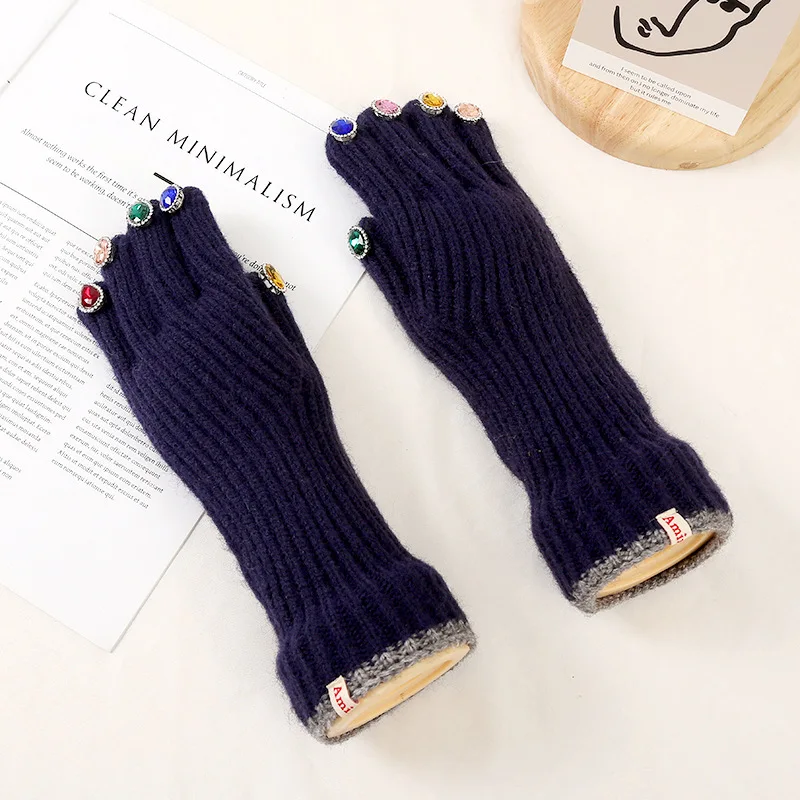 Women Winter Warm Knitted Full Finger Gloves Solid Wool Luxury Rhinestone Girl Fashion Touch Screen Mittens Female Drving