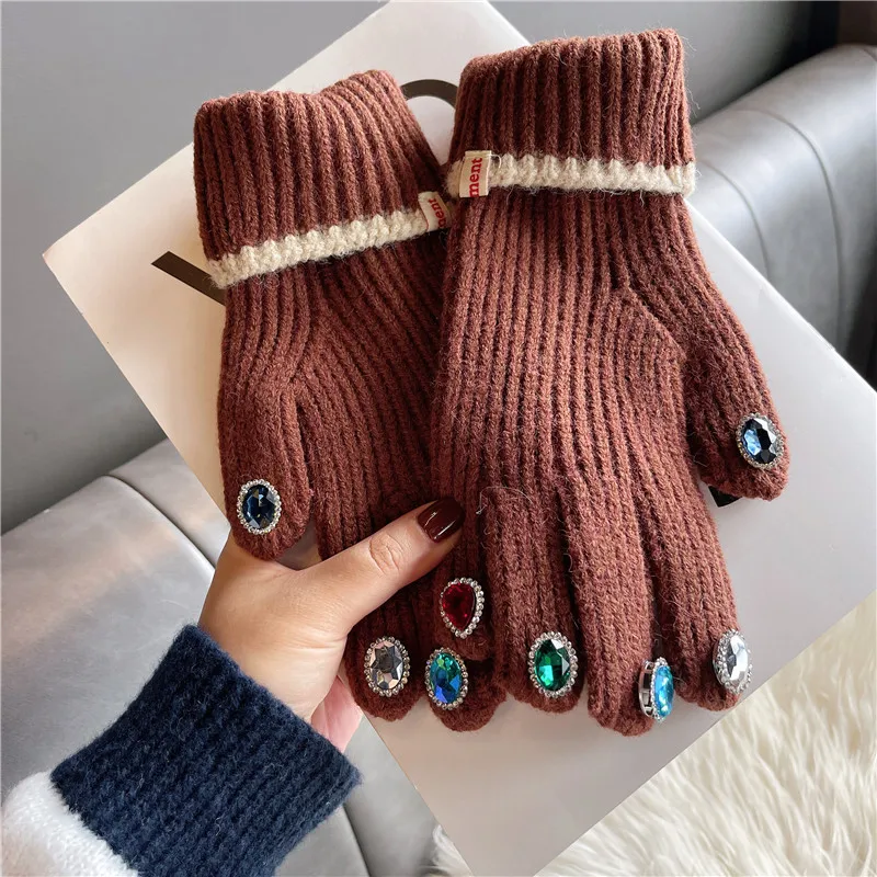 Women Winter Warm Knitted Full Finger Gloves Solid Wool Luxury Rhinestone Girl Fashion Touch Screen Mittens Female Drving