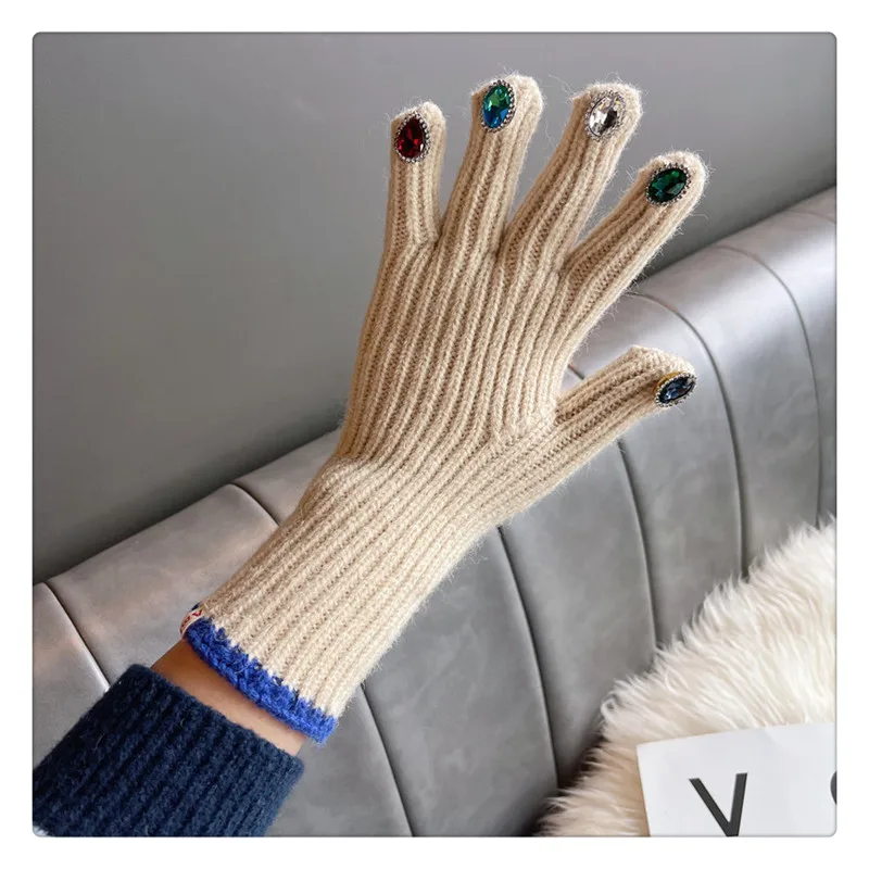 Women Winter Warm Knitted Full Finger Gloves Solid Wool Luxury Rhinestone Girl Fashion Touch Screen Mittens Female Drving