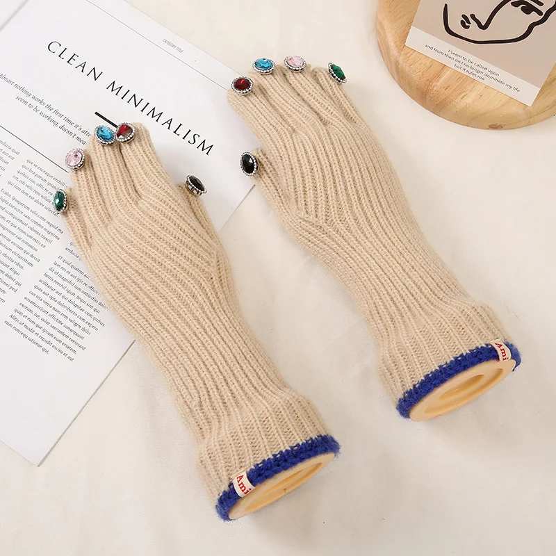 Women Winter Warm Knitted Full Finger Gloves Solid Wool Luxury Rhinestone Girl Fashion Touch Screen Mittens Female Drving