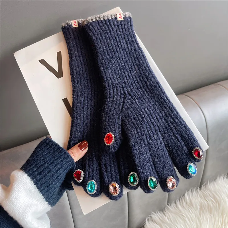 Women Winter Warm Knitted Full Finger Gloves Solid Wool Luxury Rhinestone Girl Fashion Touch Screen Mittens Female Drving