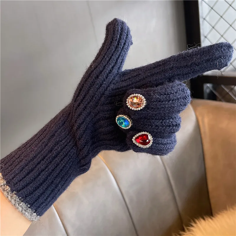 Women Winter Warm Knitted Full Finger Gloves Solid Wool Luxury Rhinestone Girl Fashion Touch Screen Mittens Female Drving