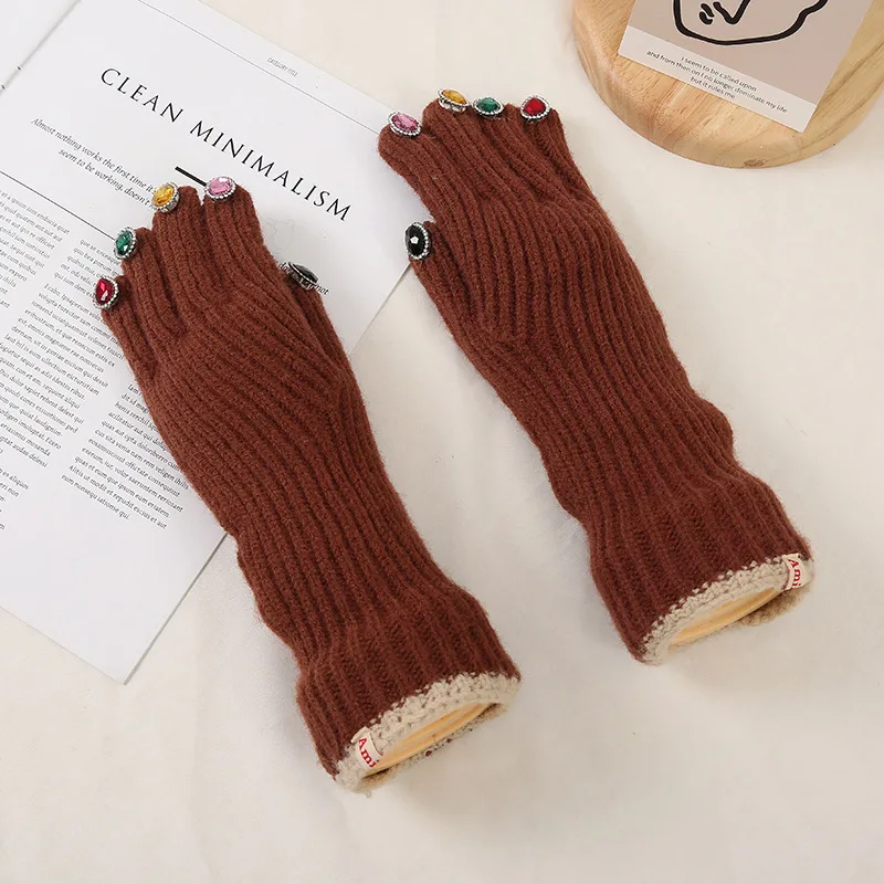 Women Winter Warm Knitted Full Finger Gloves Solid Wool Luxury Rhinestone Girl Fashion Touch Screen Mittens Female Drving