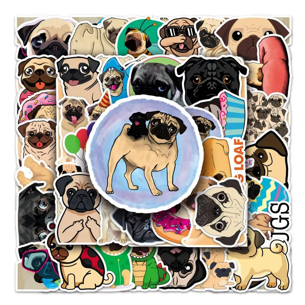10/30/50pcs Cute Pug Dog Stickers Animals DIY Car Laptop Suitcase Skateboard Guitar Phone Cartoon Graffiti Sticker Kid Gift Toys
