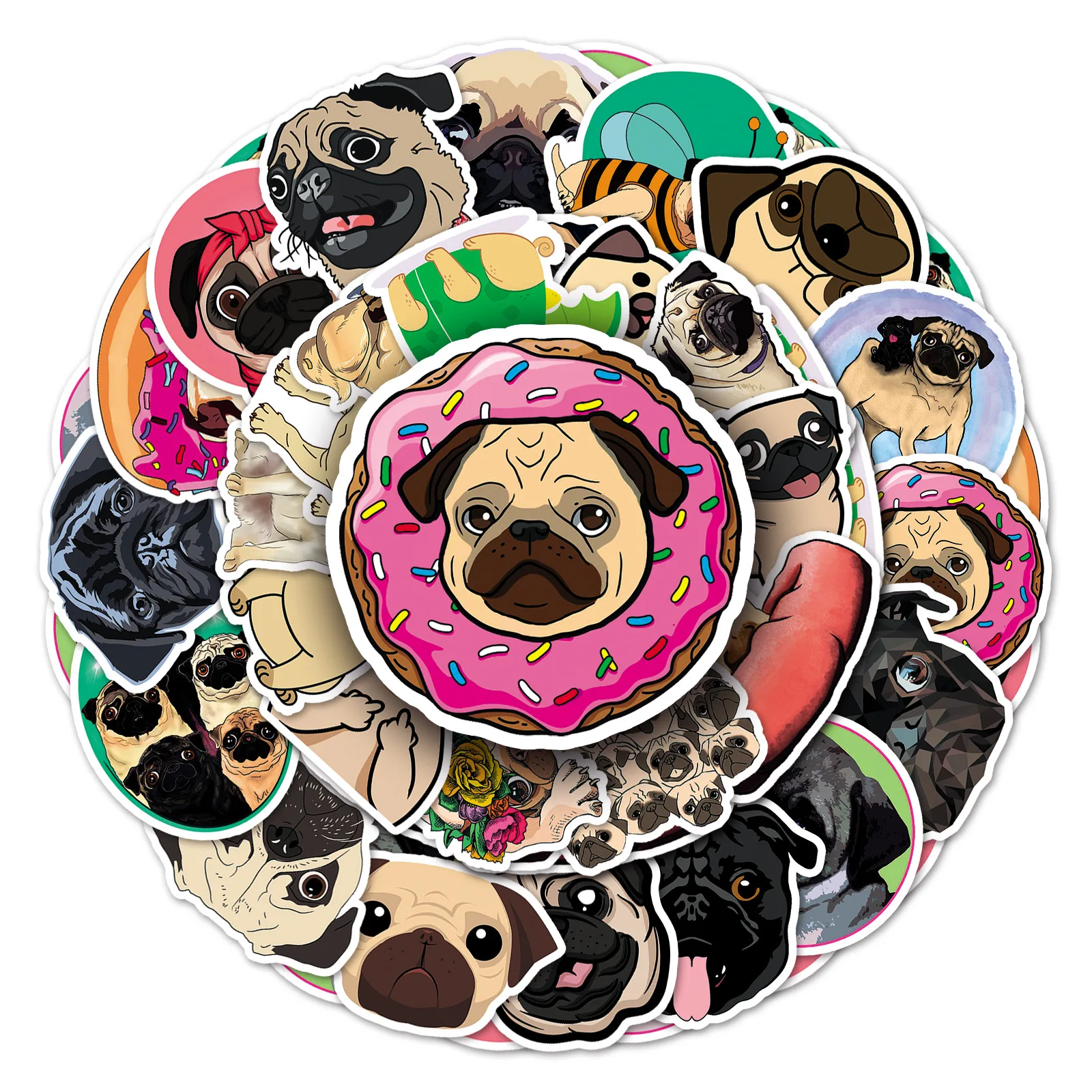 10/30/50pcs Cute Pug Dog Stickers Animals DIY Car Laptop Suitcase Skateboard Guitar Phone Cartoon Graffiti Sticker Kid Gift Toys